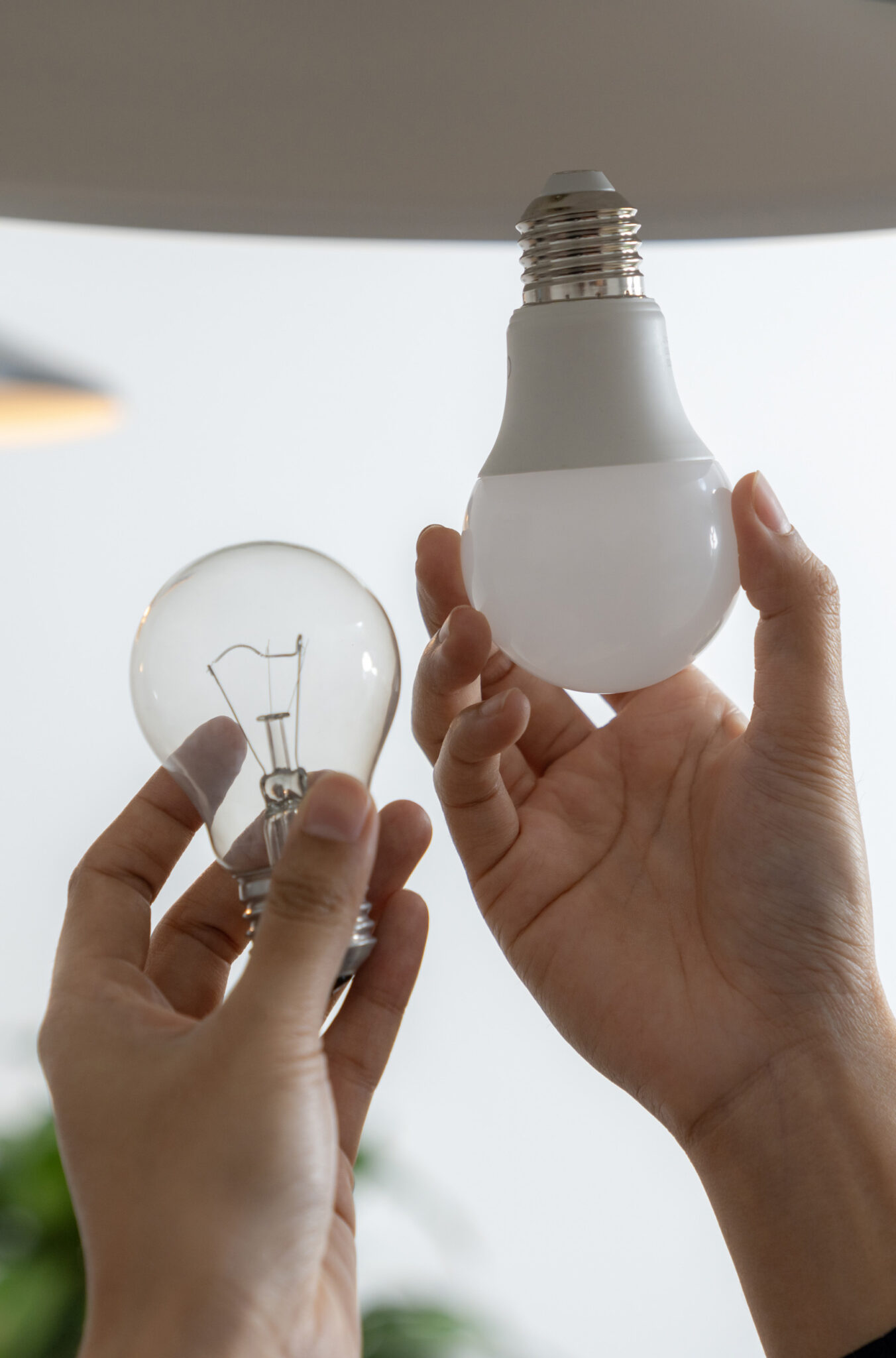 a young woman is changing a light bulb from an incandescent bulb to an led bulb.